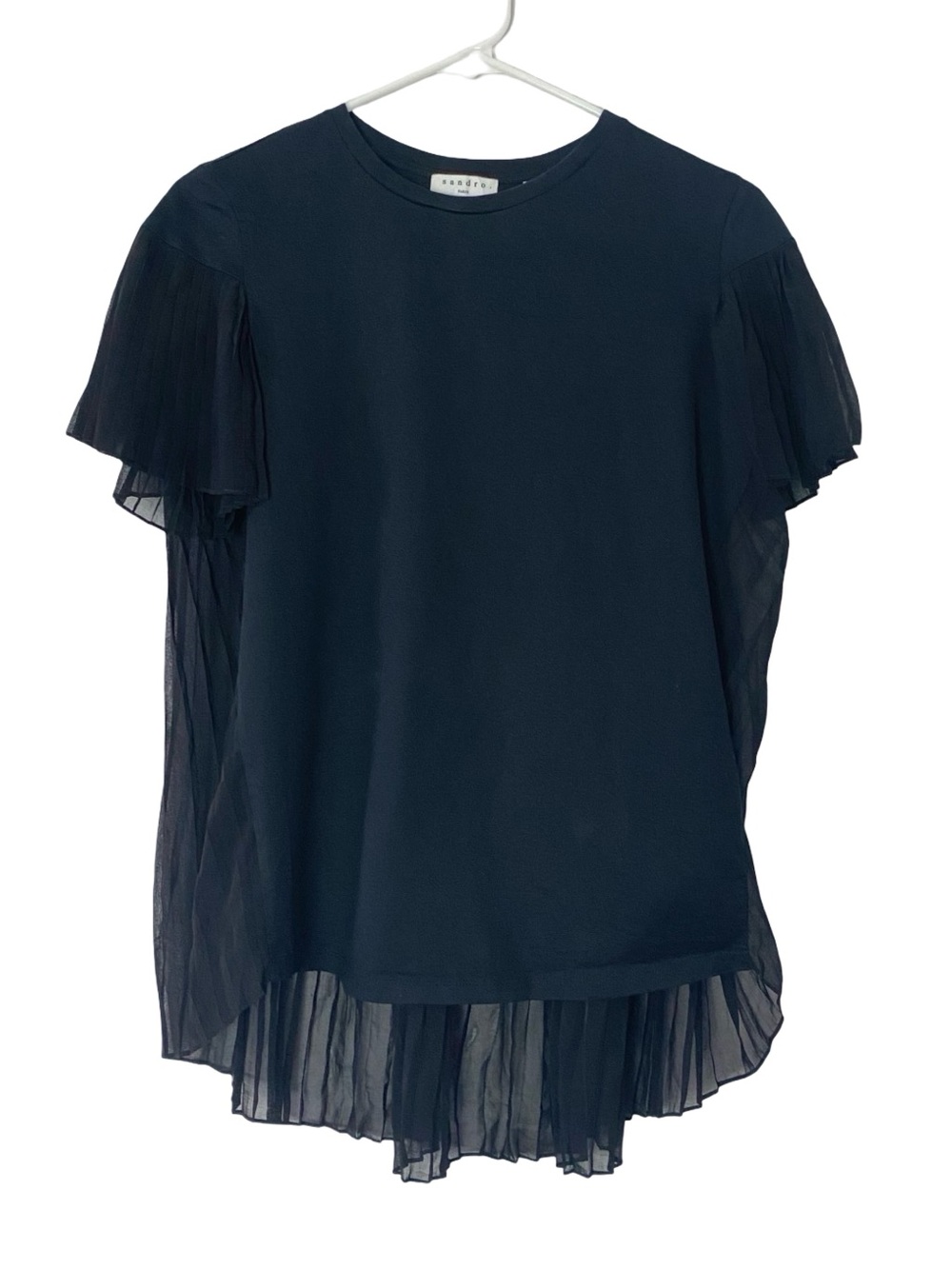 Sandro Paris Sheer Pleated Top Womens Size Small 1 Black High Low Blouse Tee